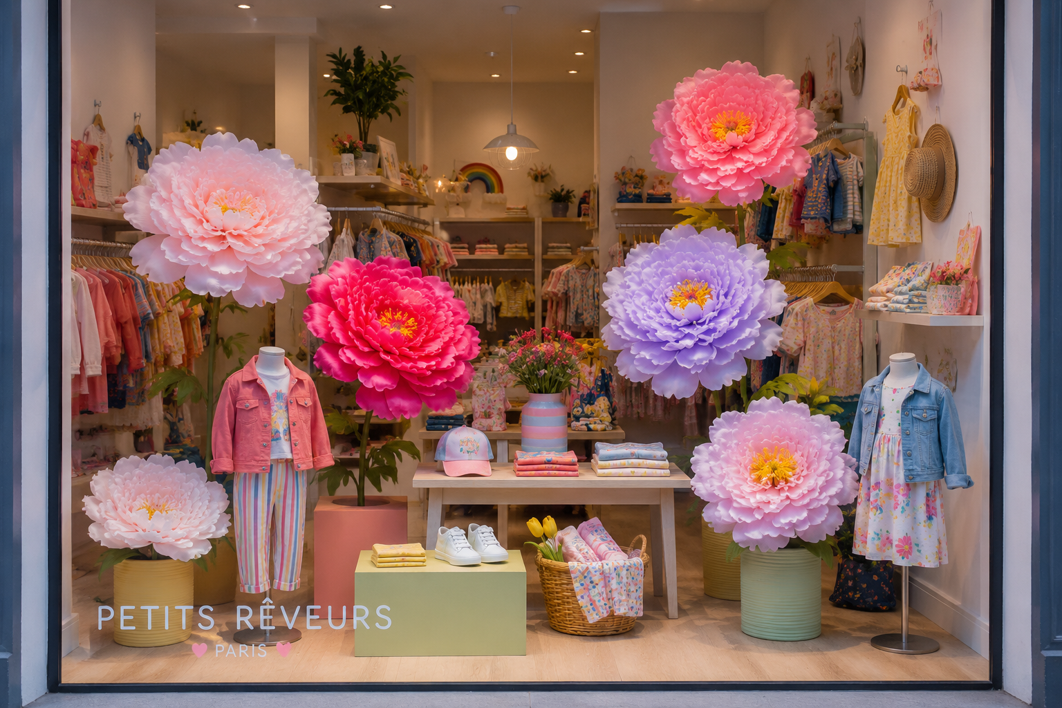 Children's clothing boutique window display decorated with giant artificial peonies